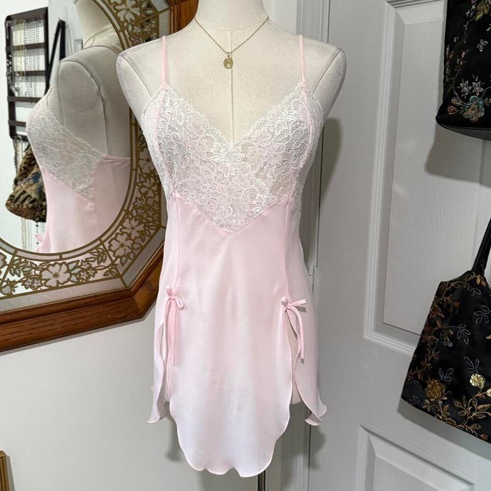 Secret Treasures Sheer Light Pink & White Lace Coqutte Mini Lingerie Slip Dress